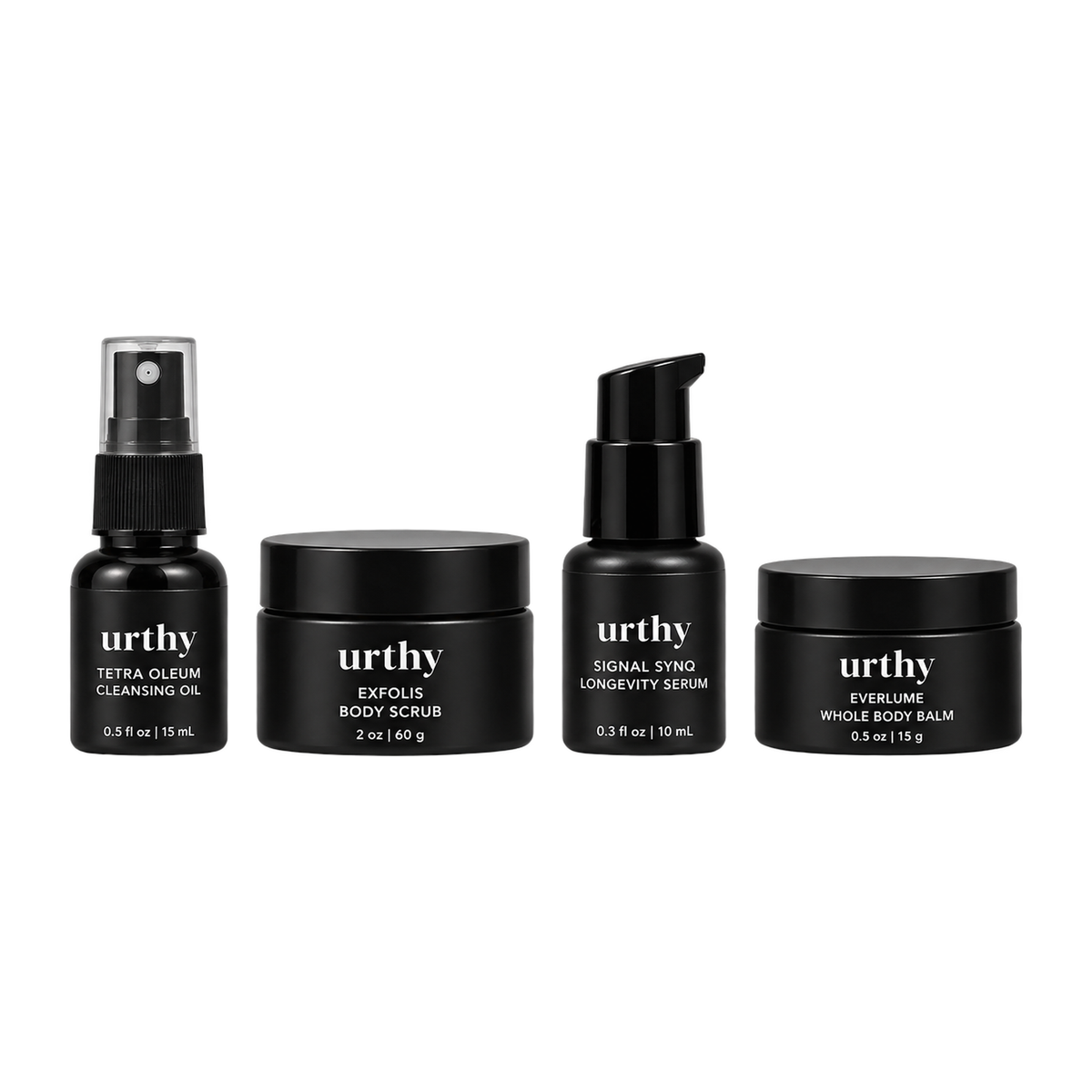 Mini Bar Trial Set: Tetra Oleum Cleansing Oil, Exfolis Body Scrub, Signal Synq Serum, Everlume Whole Body Balm