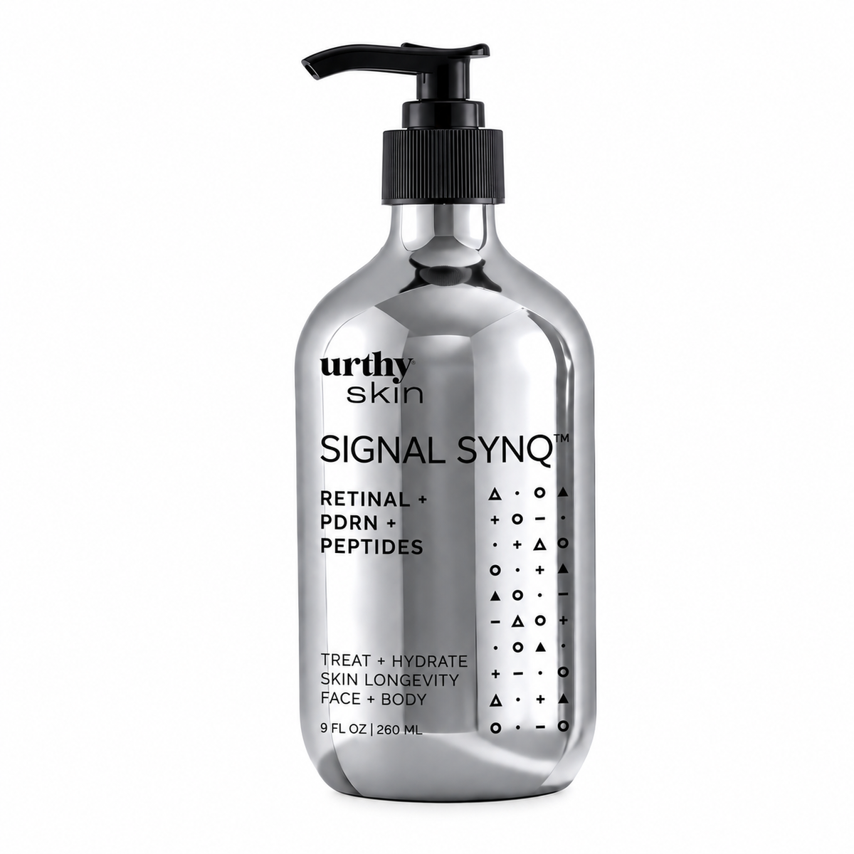 A 9 fl oz silver pump bottle of urthy skin Signal Synq Retinal + PDRN + Peptides serum, shown on a clean white background.