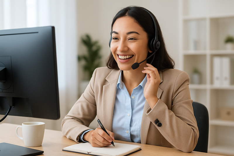 smiling support operator on headset chatting with customer